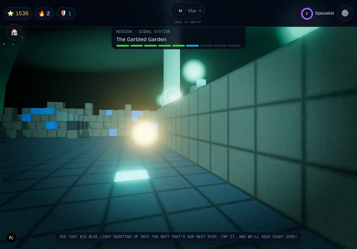 StarSeeker gameplay: a glowing 3D mission world with a progress bar reading Mission — Signal Station.