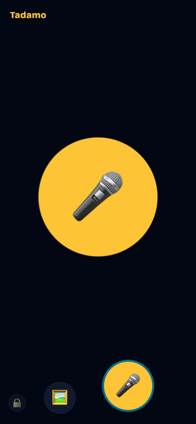 The Tadamo talk screen: a large golden microphone button glowing at the center of a dark screen, ready to listen and translate the child's speech.